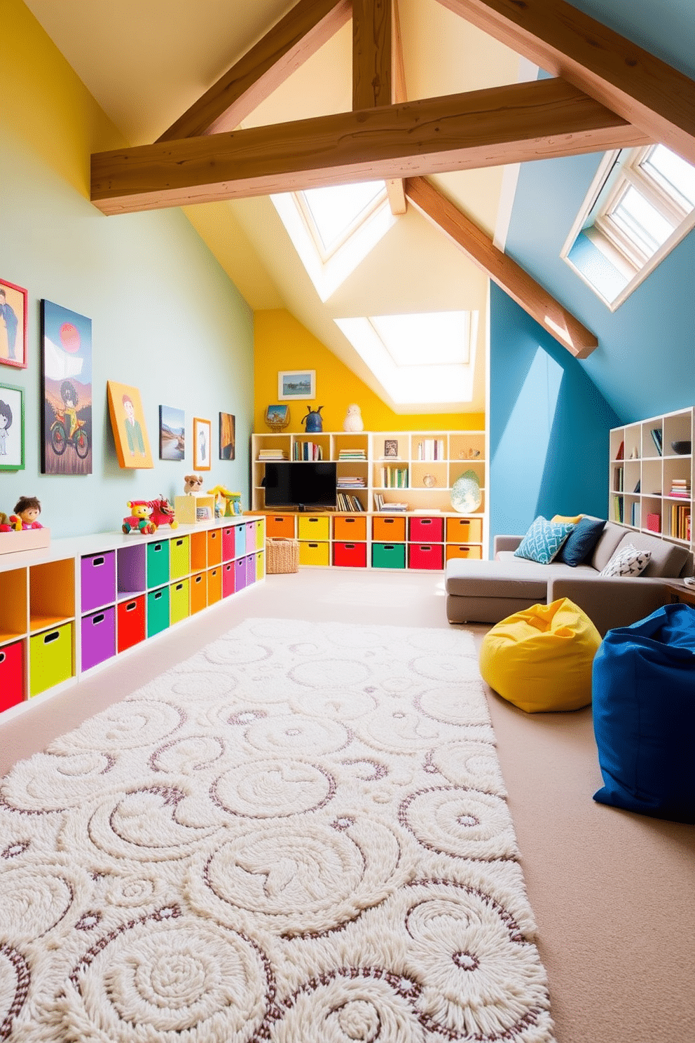 Bright playroom with colorful storage options. The room features a vibrant color palette with walls painted in cheerful shades of yellow and blue, complemented by playful artwork. Various storage solutions, such as bright modular bins and shelves, are strategically placed to keep toys organized and accessible. A soft, plush rug in a fun pattern covers the floor, providing a cozy area for play. Large attic design ideas. The attic is transformed into a spacious multifunctional area with exposed beams and ample natural light streaming through skylights. Cozy seating arrangements, such as a sectional sofa and bean bags, create a relaxed atmosphere, while built-in shelves display books and decorative items.