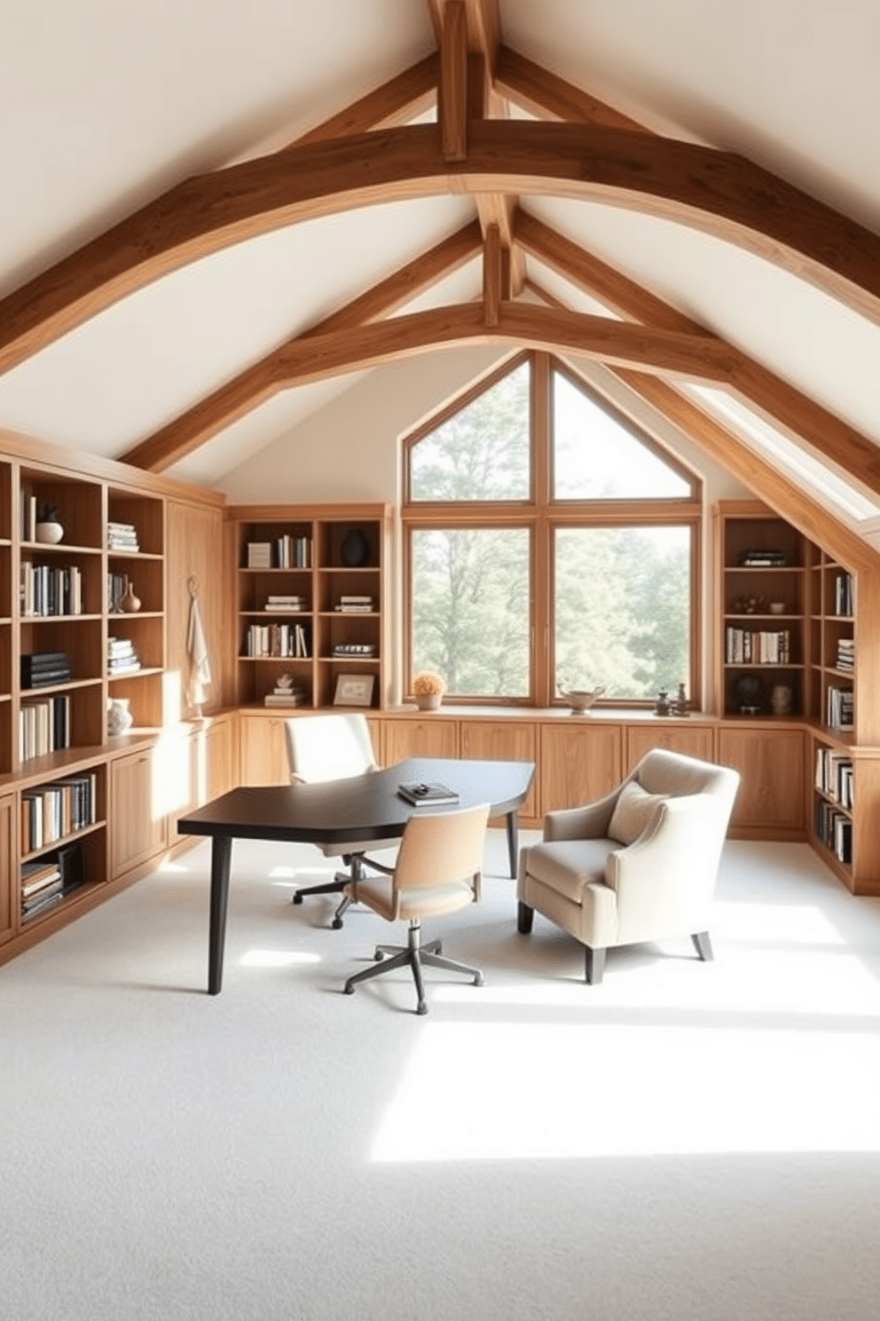 Elegant home office with built-in shelves. The room features a sleek wooden desk facing a large window, allowing natural light to flood the space. The built-in shelves are filled with books and decorative items, creating an organized yet stylish atmosphere. A plush armchair sits in the corner, inviting relaxation and inspiration. Large attic design ideas. The attic is transformed into a cozy reading nook with a sloped ceiling, adorned with soft lighting and comfortable seating. Natural wood beams add character, while large windows provide stunning views and ample light, making it a perfect retreat for creativity.