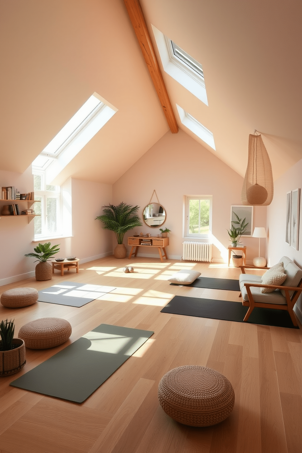 A relaxing yoga studio with calming colors. The walls are painted in soft pastel shades, and natural light floods the space through large windows, creating a serene atmosphere. Large attic design ideas that maximize space and light. The design features sloped ceilings with skylights, cozy nooks for reading, and a blend of rustic wood and modern furnishings for a welcoming feel.