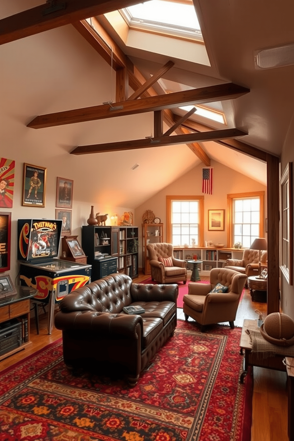 A vintage game room filled with retro furniture, featuring a classic pinball machine and a cozy leather sofa. The walls are adorned with vintage posters and a large, colorful rug anchors the space, creating a nostalgic atmosphere. A spacious attic transformed into a cozy retreat, showcasing exposed wooden beams and soft, ambient lighting. The design includes a reading nook with plush armchairs, a small bookshelf, and large windows that invite natural light, enhancing the warm and inviting feel.