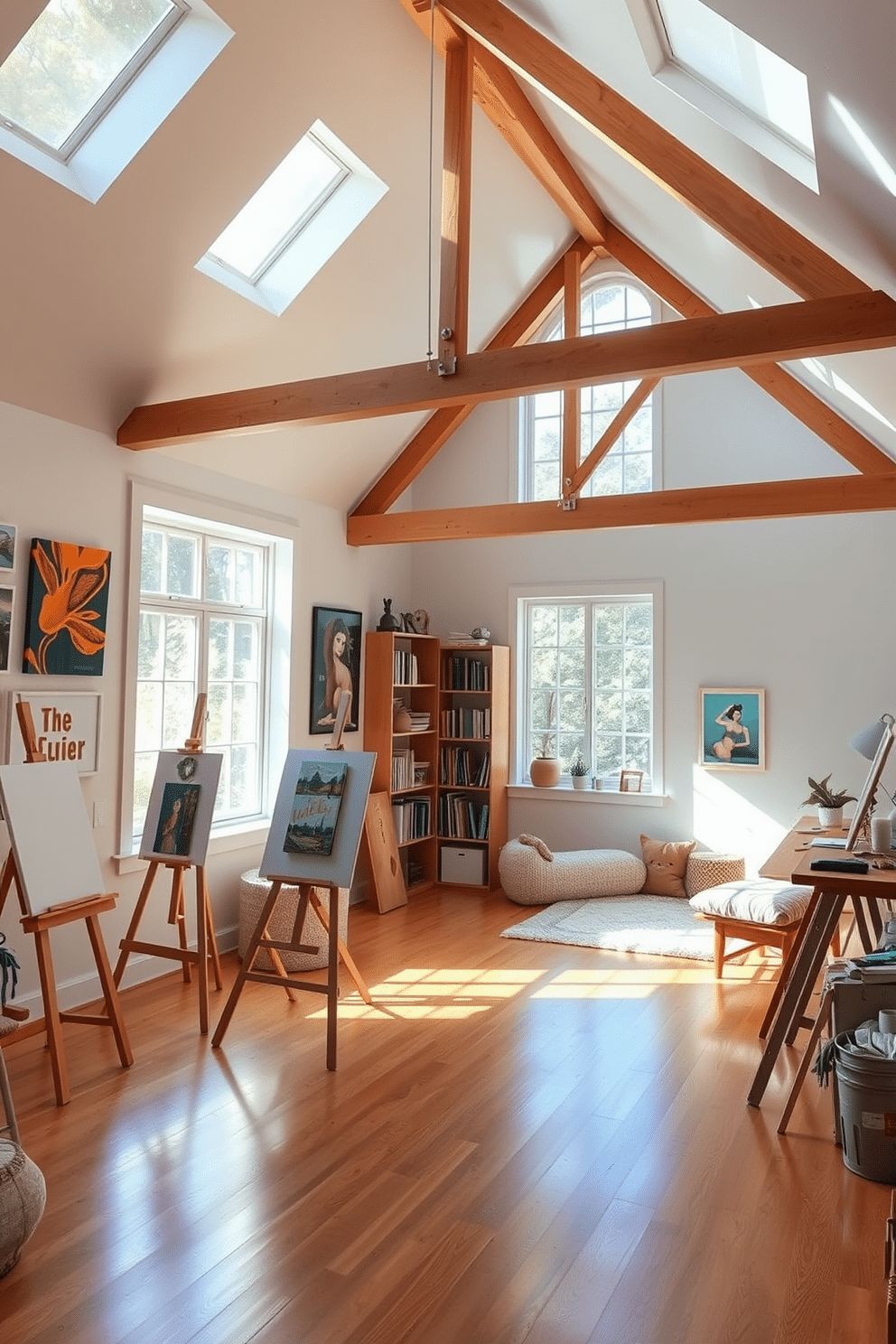 A bright and inspiring art studio filled with easels positioned near large windows that allow natural light to flood the space. The walls are adorned with vibrant artwork, and the floor is a polished wooden surface that complements the creative atmosphere. A cozy attic designed for relaxation and creativity, featuring exposed wooden beams and soft, ambient lighting. The space includes a comfortable reading nook with plush cushions and a small desk for artistic endeavors, surrounded by shelves filled with books and decorative items.