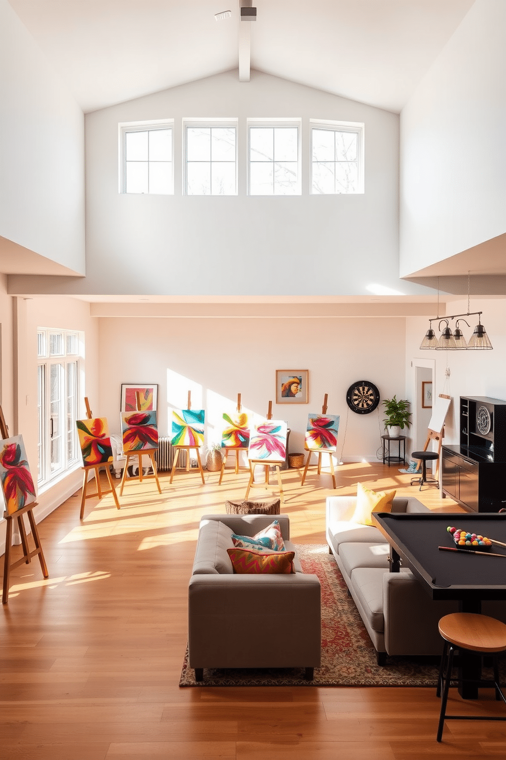 Art studio with natural light and easels. The spacious room features large windows that fill the space with warm sunlight, illuminating the wooden floor and white walls. Several easels are positioned throughout the studio, each holding vibrant canvases in various stages of completion. A cozy seating area with colorful cushions invites artists to take breaks and find inspiration. Large basement design ideas. The basement is transformed into a multifunctional space with a stylish lounge area, complete with plush sofas and a modern entertainment system. A wet bar with sleek cabinetry and pendant lighting adds a touch of sophistication, while an adjacent game area features a pool table and dartboard for entertainment.