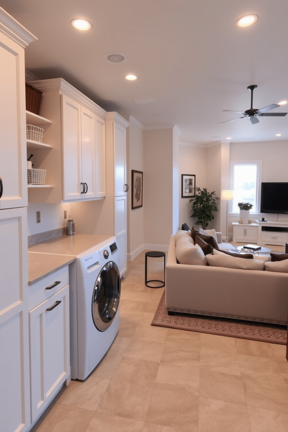 A functional laundry room features a spacious folding station with ample countertop space, surrounded by organized storage cabinets in a soft white finish. The room is well-lit with natural light streaming in through a large window, and the floor is covered in durable, easy-to-clean tiles. For the large basement design, envision a cozy entertainment area with plush seating and a large sectional sofa facing a modern media console. The space is accented with warm lighting, a stylish bar area, and decorative elements that create an inviting atmosphere for gatherings.