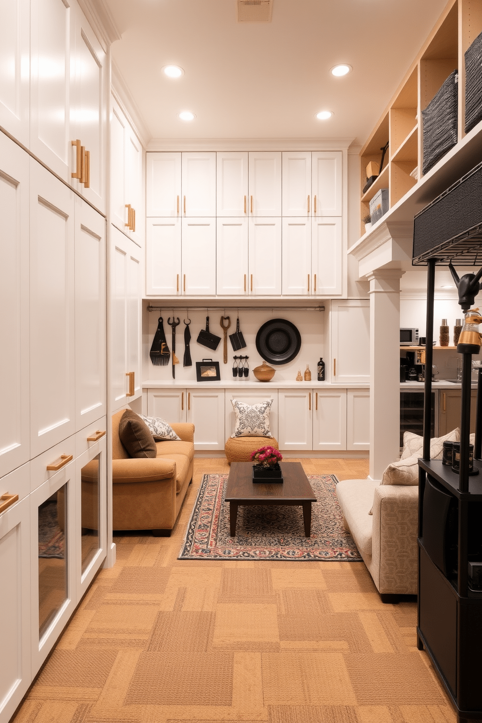 A spacious storage area features custom cabinetry designed to maximize efficiency and organization. The cabinetry is finished in a sleek white with brass handles, providing a modern touch while offering ample space for seasonal items and tools. The large basement is designed as a multifunctional space, blending comfort and utility. It includes a cozy seating area with plush sofas, a small kitchenette, and an entertainment zone, all enhanced by warm lighting and stylish decor.