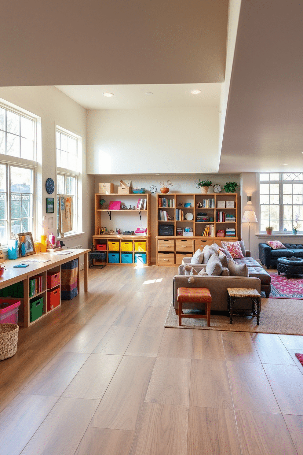 A multi-functional space designed for hobbies and crafts features an open layout with ample natural light streaming through large windows. The area includes a sturdy workbench, colorful storage solutions for supplies, and a cozy reading nook with comfortable seating. In the large basement, the design incorporates a blend of functionality and style, with designated zones for crafting, relaxation, and entertainment. Soft lighting, warm wood accents, and vibrant decor create an inviting atmosphere, while durable flooring ensures practicality for various activities.