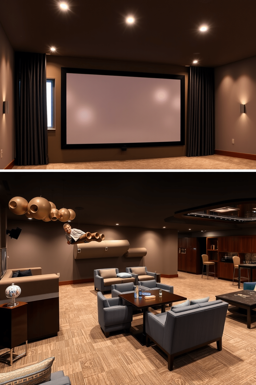 A cozy home theater featuring plush, oversized seating arranged in a semi-circle around a large, wall-mounted screen. Soft, ambient lighting creates an inviting atmosphere, while dark, soundproof curtains frame the windows, enhancing the cinematic experience. A spacious basement designed for relaxation and entertainment, showcasing a stylish bar area with high stools and a sleek countertop. The design incorporates a mix of comfortable lounge furniture and game tables, with warm wood accents and soft lighting to create a welcoming environment.