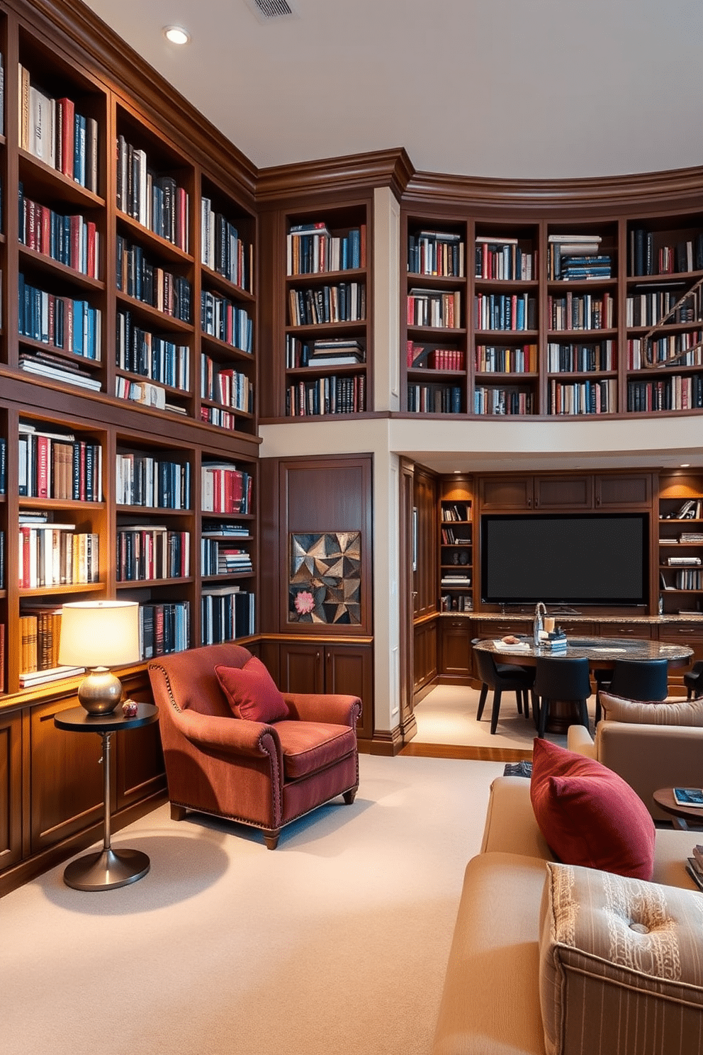 A cozy home library features built-in bookshelves that stretch from floor to ceiling, filled with a diverse collection of books. A plush armchair sits in the corner, accompanied by a small side table and a warm reading lamp, creating an inviting nook for relaxation. The large basement is designed as a multifunctional space, incorporating a media area with a large screen and comfortable seating. Soft lighting and a stylish wet bar enhance the atmosphere, making it perfect for entertaining friends and family.