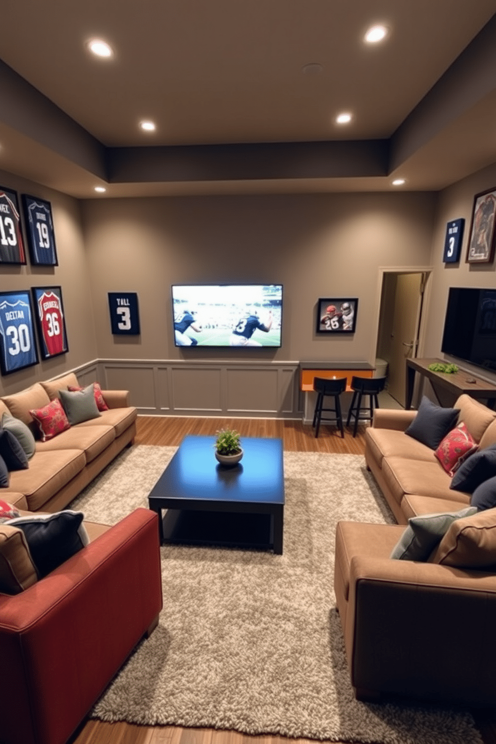 A vibrant game day room featuring a large sectional sofa arranged around a big screen TV, perfect for watching sports with friends. The walls are adorned with framed jerseys and memorabilia, while a sleek coffee table sits in the center, surrounded by plush area rugs. The basement design incorporates a wet bar with stylish stools, providing an ideal spot for refreshments during game nights. Soft ambient lighting creates a warm atmosphere, enhancing the overall entertainment experience.