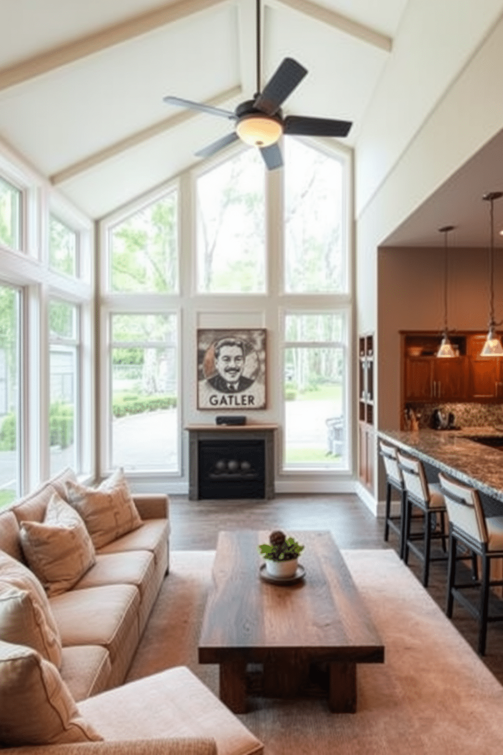 Bright sunroom with large windows. The space is filled with natural light, showcasing a cozy seating area with plush cushions and a coffee table made of reclaimed wood. Large basement design ideas. The area features a multi-functional layout with a home theater section, a wet bar, and a game zone, all accented by warm lighting and comfortable furnishings.