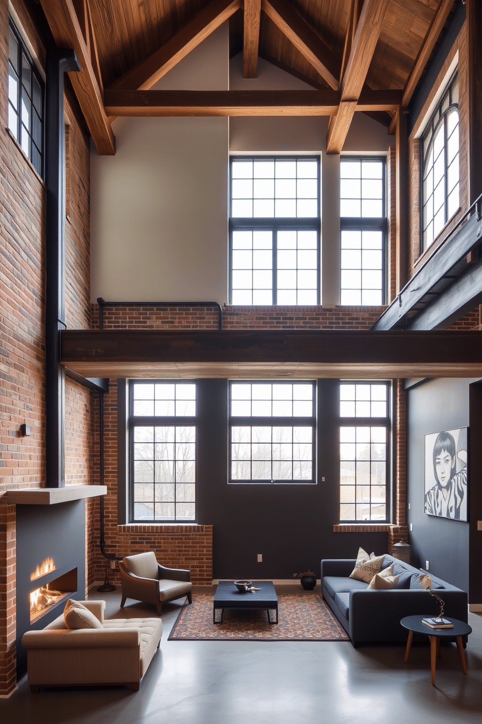 An industrial-style loft features soaring ceilings with exposed wooden beams that add character and warmth to the space. Large windows flood the room with natural light, highlighting the mix of raw materials like brick and polished concrete. In the basement, a cozy lounge area is created with plush seating and a modern fireplace as the focal point. The walls are painted in a deep charcoal, complemented by warm accent lighting to create an inviting atmosphere.