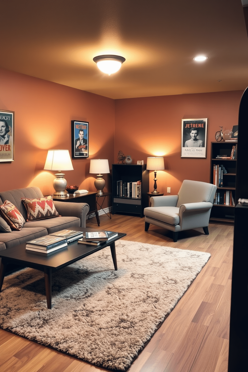 A vintage-inspired basement features retro furniture that evokes a sense of nostalgia. The space includes a plush, patterned area rug, a mid-century modern sofa, and a vintage coffee table adorned with classic books and a decorative lamp. The walls are painted in a warm, muted hue, complemented by framed vintage posters. A cozy reading nook is created with an oversized armchair and a small bookshelf, inviting relaxation and conversation.