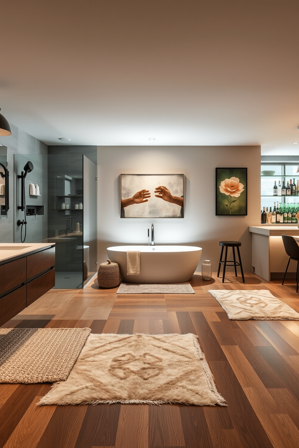 A modern bathroom featuring sleek fixtures, including a freestanding soaking tub and a glass-enclosed shower. The walls are adorned with large-format tiles in a soft gray, and the floor is finished with polished concrete for a contemporary feel. For the large basement design, envision an open-concept space that combines a cozy lounge area with a stylish bar. The walls are painted in a warm taupe, and the flooring is a rich hardwood, accented by plush area rugs and ambient lighting to create a welcoming atmosphere.