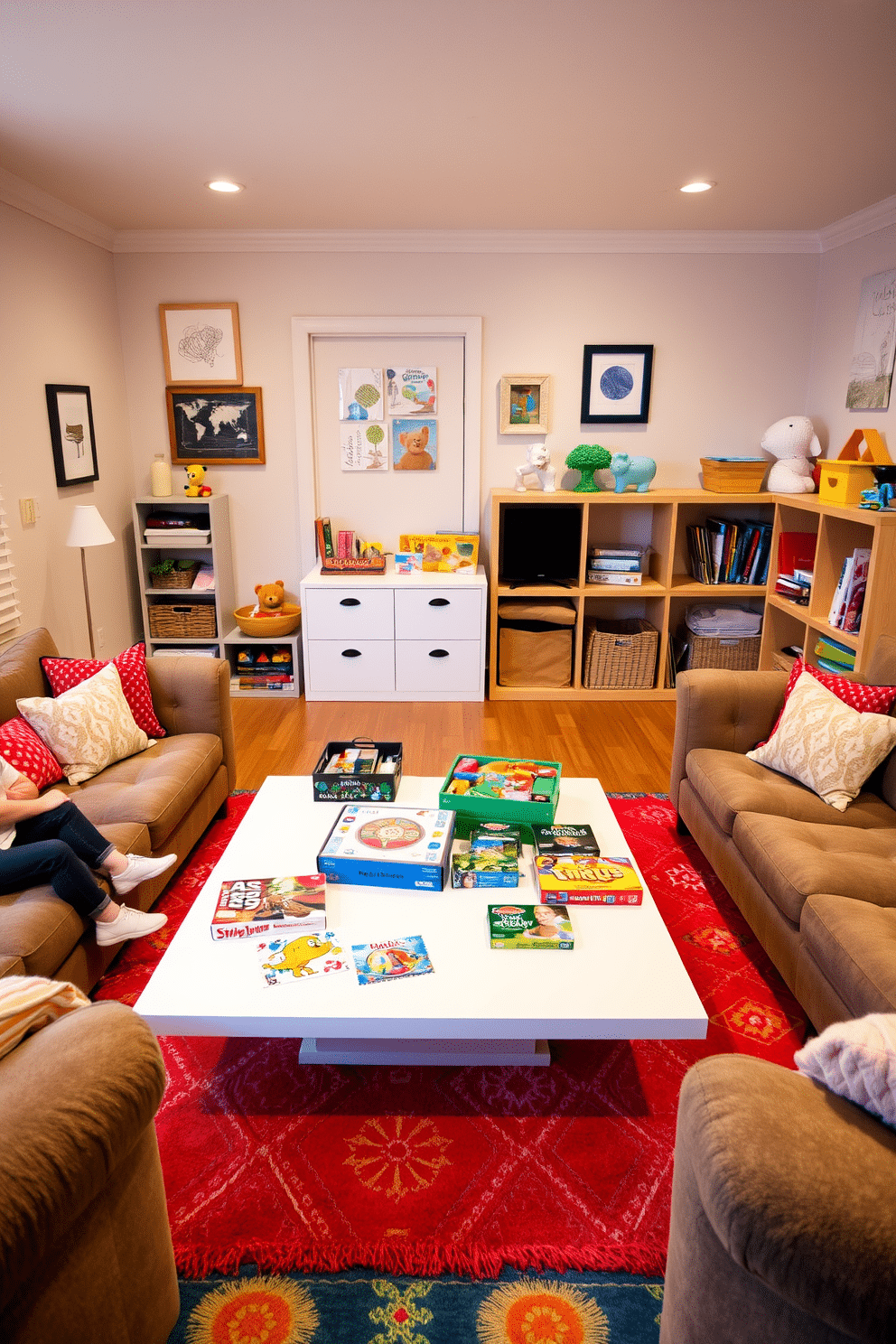 A cozy family-friendly area designed for fun and relaxation. Plush seating surrounds a large coffee table, which is stacked with colorful board games and puzzles, while vibrant rugs add warmth to the space. The walls are adorned with playful artwork, and various toy storage solutions are integrated seamlessly into the design. Soft lighting creates an inviting atmosphere, perfect for family gatherings and playtime.