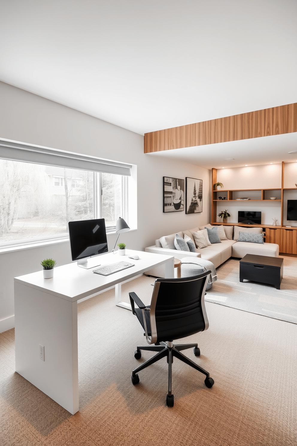 A minimalist workspace with clean lines features a sleek white desk positioned against a large window, allowing natural light to flood the room. The desk is accompanied by an ergonomic chair and is free of clutter, with only a small potted plant for a touch of greenery. The large basement design incorporates an open layout with a cozy lounge area, complete with a sectional sofa and a modern coffee table. Soft lighting fixtures and warm wood accents create an inviting atmosphere, while a dedicated workspace with built-in shelves enhances functionality.