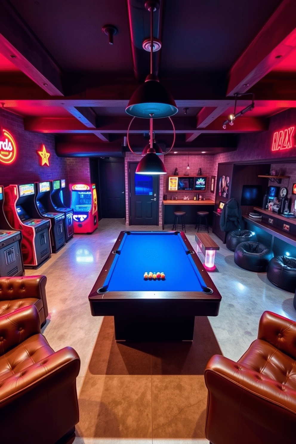 A vibrant game room featuring a sleek billiards table at the center, surrounded by plush seating in rich leather. Lining the walls are retro arcade games, illuminated by neon lights that create a lively and inviting atmosphere. The large basement is designed with a modern aesthetic, showcasing a polished concrete floor and exposed beams for an industrial feel. Cozy nooks with bean bags and a mini bar area add to the entertainment value, making it a perfect space for gatherings.