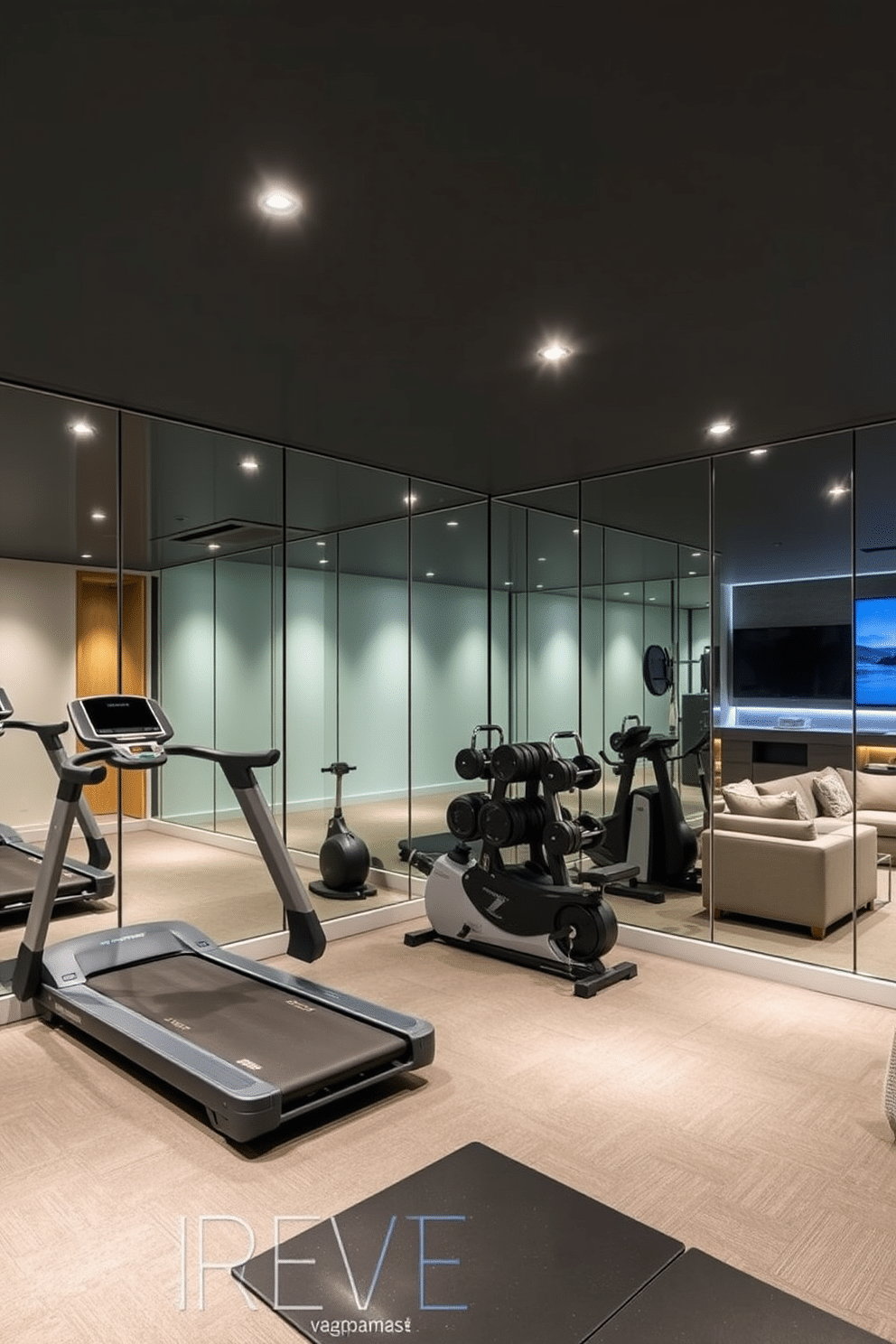 A modern gym features expansive mirrored walls that reflect the sleek design of the space. High-end fitness equipment is strategically placed, including a state-of-the-art treadmill, free weights, and a yoga area with mats. The large basement is designed as a multifunctional space, combining a cozy lounge area with a home theater setup. Soft lighting and plush seating create an inviting atmosphere, while a small bar area offers refreshments for entertaining guests.