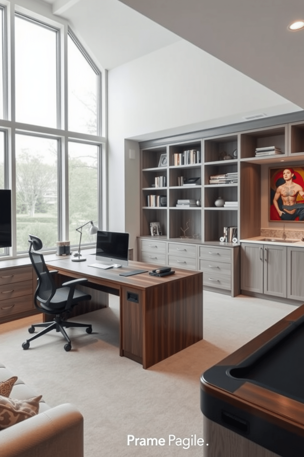 Stylish home office with built-in shelves. The room features a sleek wooden desk positioned in front of large windows, allowing natural light to flood the space. The built-in shelves are custom-designed, showcasing a mix of books and decorative items. A comfortable ergonomic chair complements the modern aesthetic, while a muted color palette of grays and whites enhances the tranquil atmosphere. Large basement design ideas. The expansive space is transformed into a multifunctional area, featuring a cozy lounge with plush seating and a contemporary entertainment center. Incorporating a wet bar with stylish cabinetry, the basement also includes a game area with a pool table and vibrant artwork to add personality.