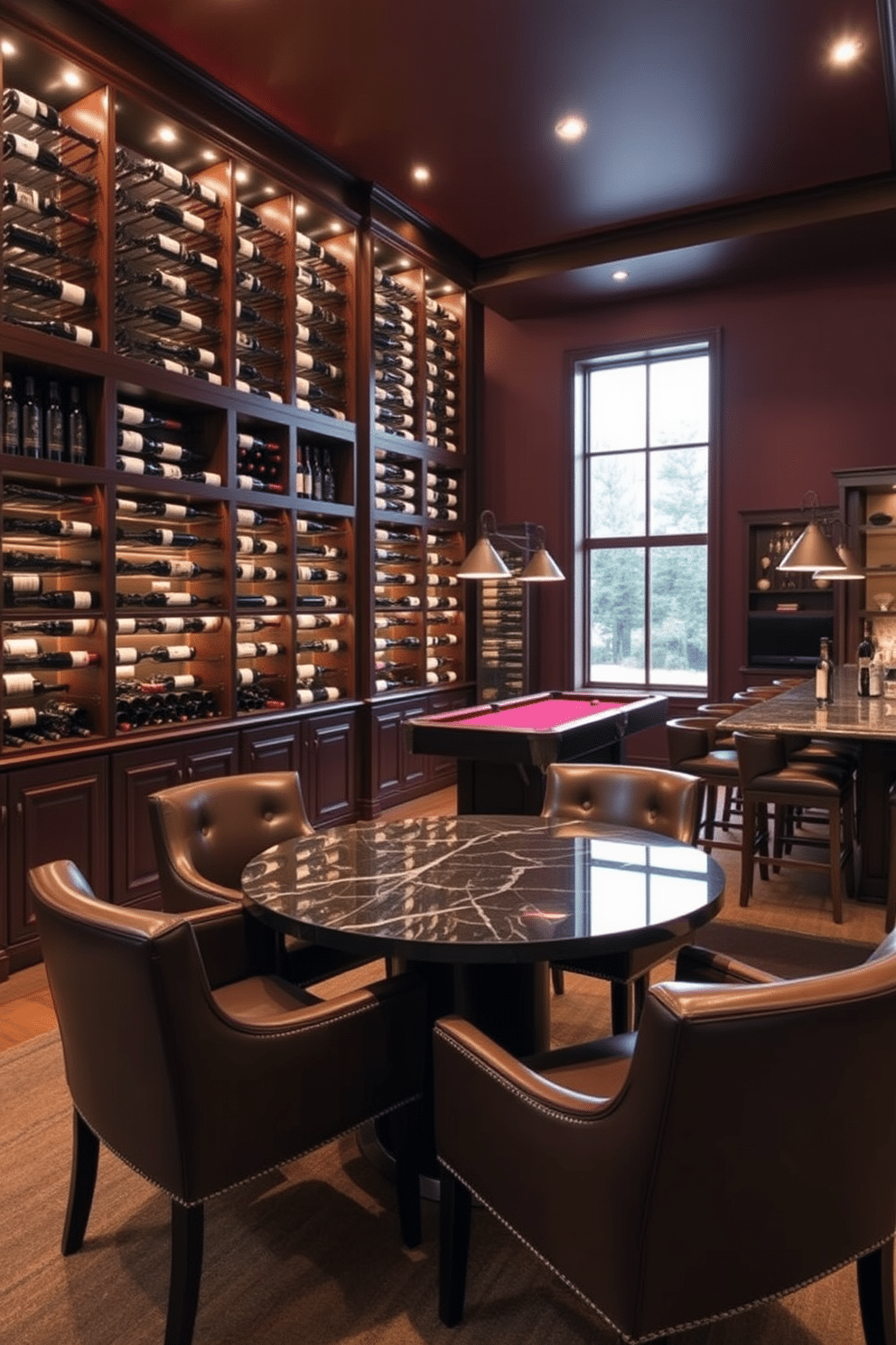 Elegant wine cellar with tasting area. The room features dark wood shelving filled with an extensive collection of wine bottles, illuminated by soft, warm lighting. A polished marble tasting table sits in the center, surrounded by plush leather chairs. The walls are adorned with rich, deep burgundy paint, creating a cozy yet sophisticated atmosphere. Large basement design ideas. The space includes a multifunctional layout with a home theater area, a game room with a billiards table, and a wet bar with stylish bar stools. Large windows allow natural light to flood in, while soundproofing ensures a quiet retreat. The decor combines modern furnishings with rustic accents, creating a welcoming and versatile environment.