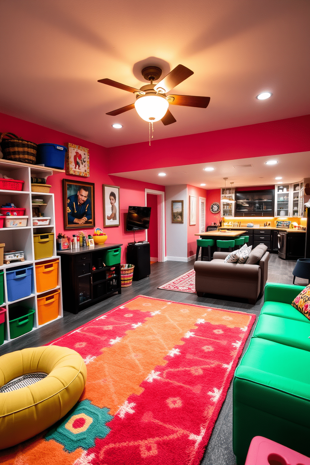 A bright playroom filled with colorful decor, featuring a soft, oversized area rug in vibrant patterns. The walls are painted in cheerful hues, and various storage solutions, such as bins and shelves, are neatly arranged to keep toys organized. A spacious basement designed for relaxation and entertainment, showcasing a cozy seating area with plush sofas and a large coffee table. The space is illuminated by warm lighting, complemented by a stylish bar area and game zone, creating an inviting atmosphere for gatherings.