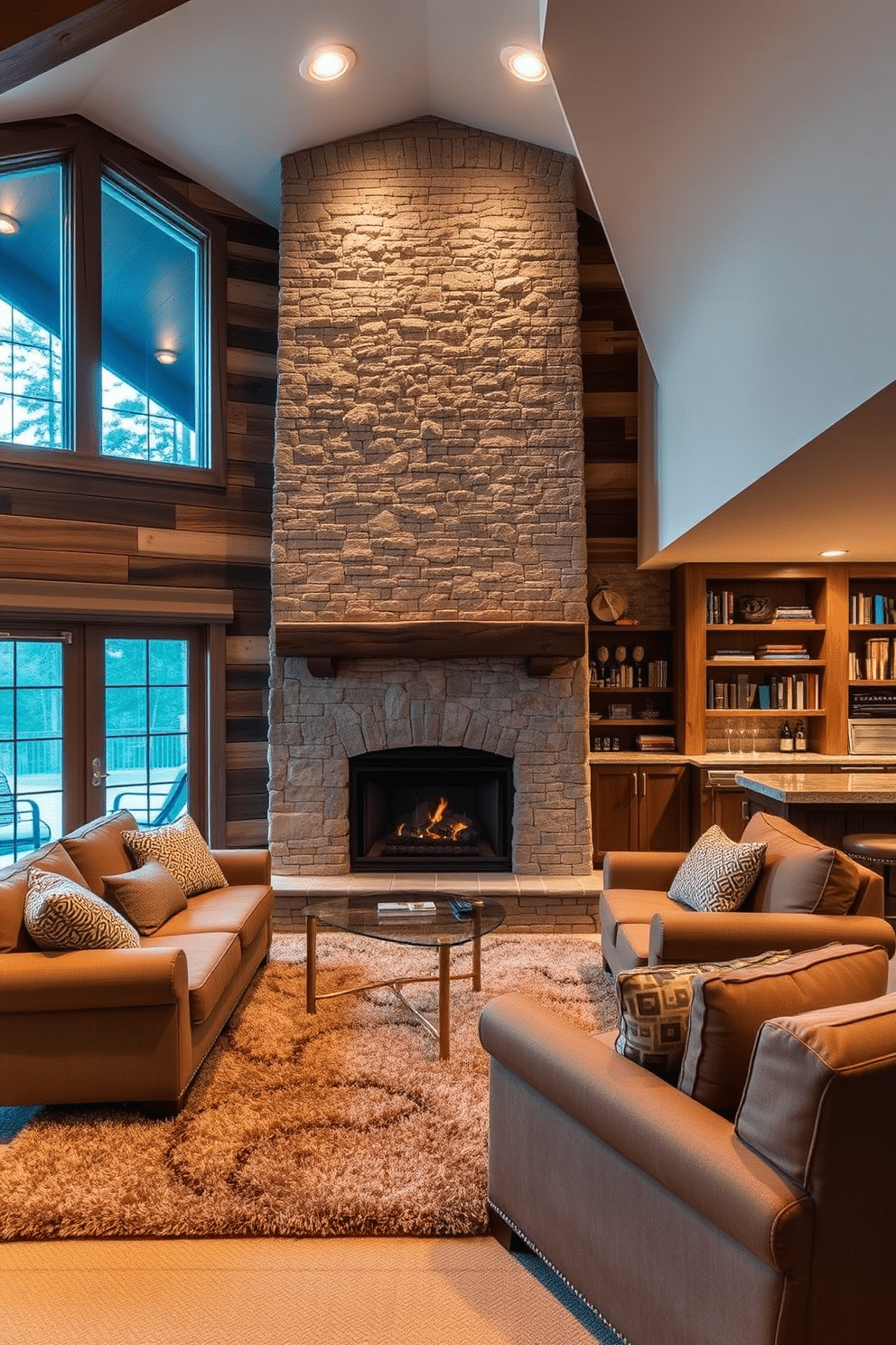 A cozy rustic lounge features a stone fireplace as the focal point, surrounded by comfortable seating in warm, earthy tones. The walls are adorned with reclaimed wood paneling, and large windows let in natural light, highlighting a plush area rug that anchors the seating arrangement. The spacious basement is designed for multifunctional use, incorporating a home theater area with plush seating and a bar with rustic wooden accents. Soft ambient lighting creates a warm atmosphere, while built-in shelves display books and decorative items, enhancing the inviting feel of the space.