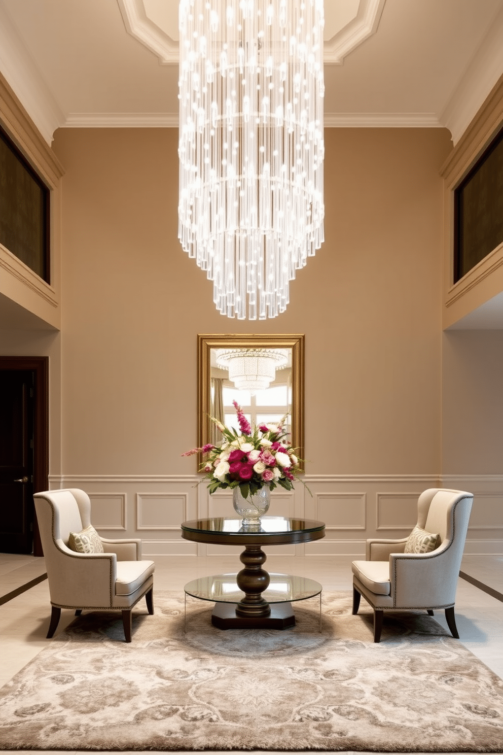 A spacious foyer features an oversized chandelier that cascades from the high ceiling, illuminating the area with a warm glow. The walls are adorned with elegant wainscoting, and a large mirror reflects the grandeur of the space. At the center, a round table is topped with a striking floral arrangement, while a plush area rug anchors the seating area. Two stylish armchairs flank the table, inviting guests to sit and enjoy the welcoming atmosphere.