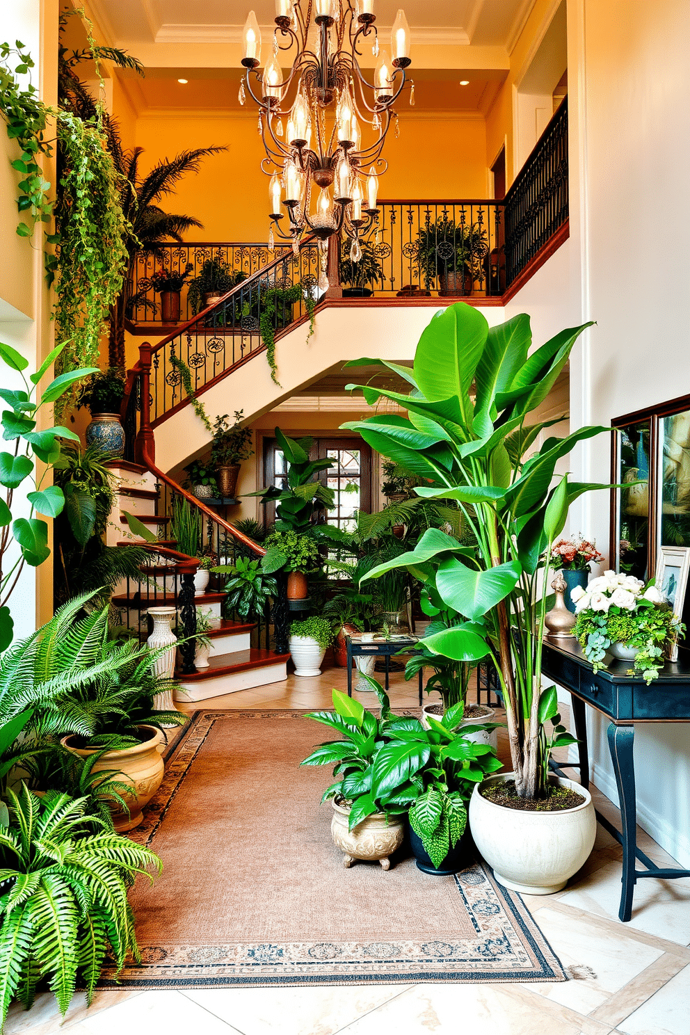 A vibrant indoor garden filled with lush greenery and various types of indoor plants, including ferns, succulents, and a tall fiddle leaf fig. The plants are arranged in stylish pots of different textures and colors, creating a lively and inviting atmosphere in the space. A grand entryway featuring a sweeping staircase with an elegant wrought-iron railing and a stunning chandelier hanging from a high ceiling. The floor is adorned with a large area rug, and a console table is placed against the wall, decorated with fresh flowers and framed artwork.