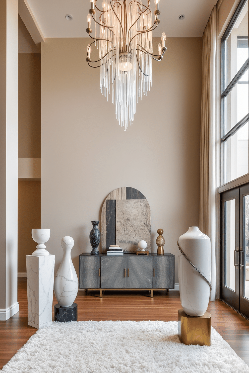 Artistic sculptures are strategically placed throughout the entryway, creating focal points that draw the eye and invite exploration. The sculptures are crafted from a mix of materials, including marble and metal, adding texture and sophistication to the space. The large entryway features a grand chandelier that cascades from a high ceiling, illuminating the area with a warm glow. A statement console table against the wall showcases curated decor items, while a plush area rug anchors the space and adds comfort underfoot.