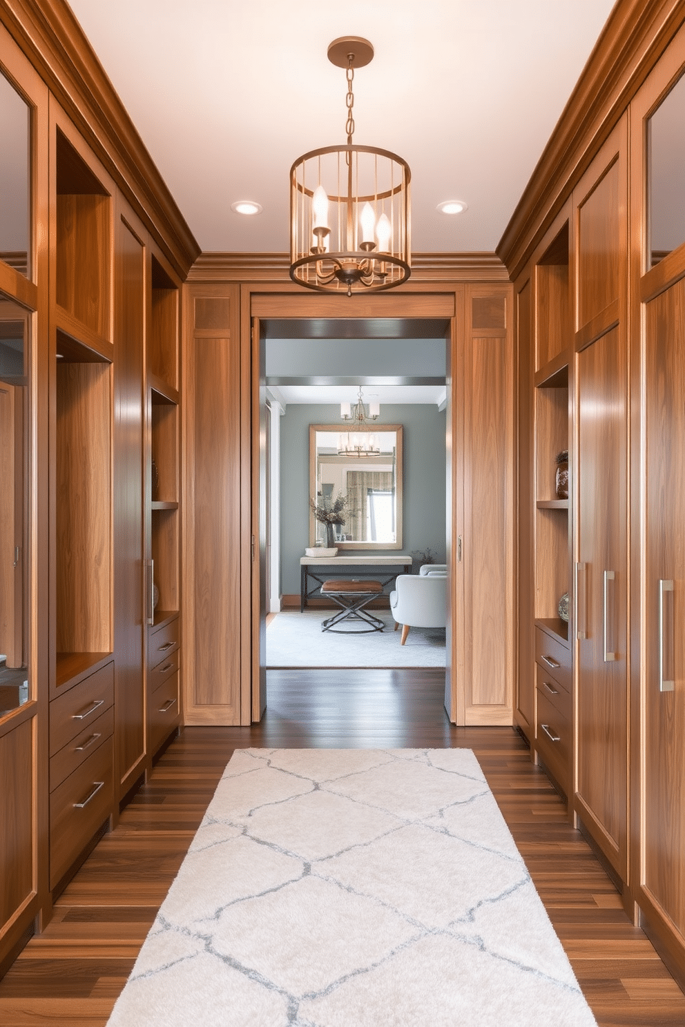 A spacious entryway featuring custom built-ins that provide stylish storage solutions. The built-ins are crafted from rich oak wood, with sleek hardware and open shelving, creating an inviting and functional space. The entryway is adorned with a statement chandelier that casts a warm glow over the area. A plush area rug in neutral tones anchors the space, while a large mirror reflects light and enhances the sense of openness.