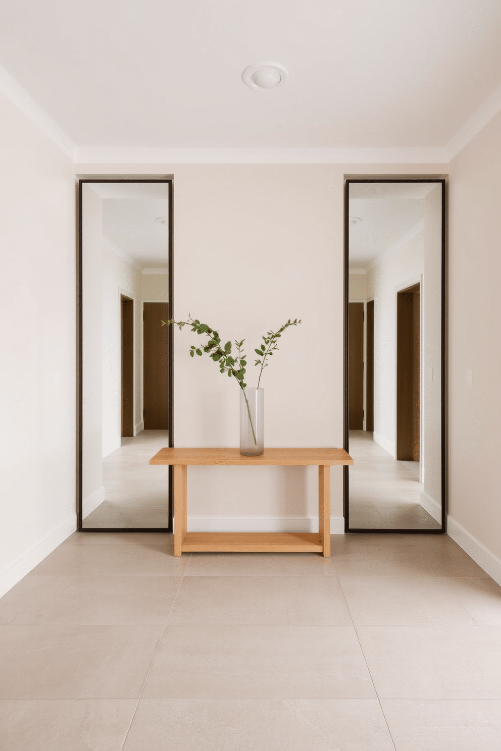 A spacious entryway featuring a neutral palette with soft beige walls and a light gray ceiling. The floor is adorned with large, textured tiles in a muted taupe, providing a calming foundation for the space. At the center, a sleek console table in natural wood is topped with a minimalist vase holding fresh greenery. Flanking the table, two oversized mirrors with subtle gold accents reflect the light, enhancing the airy feel of the entryway.