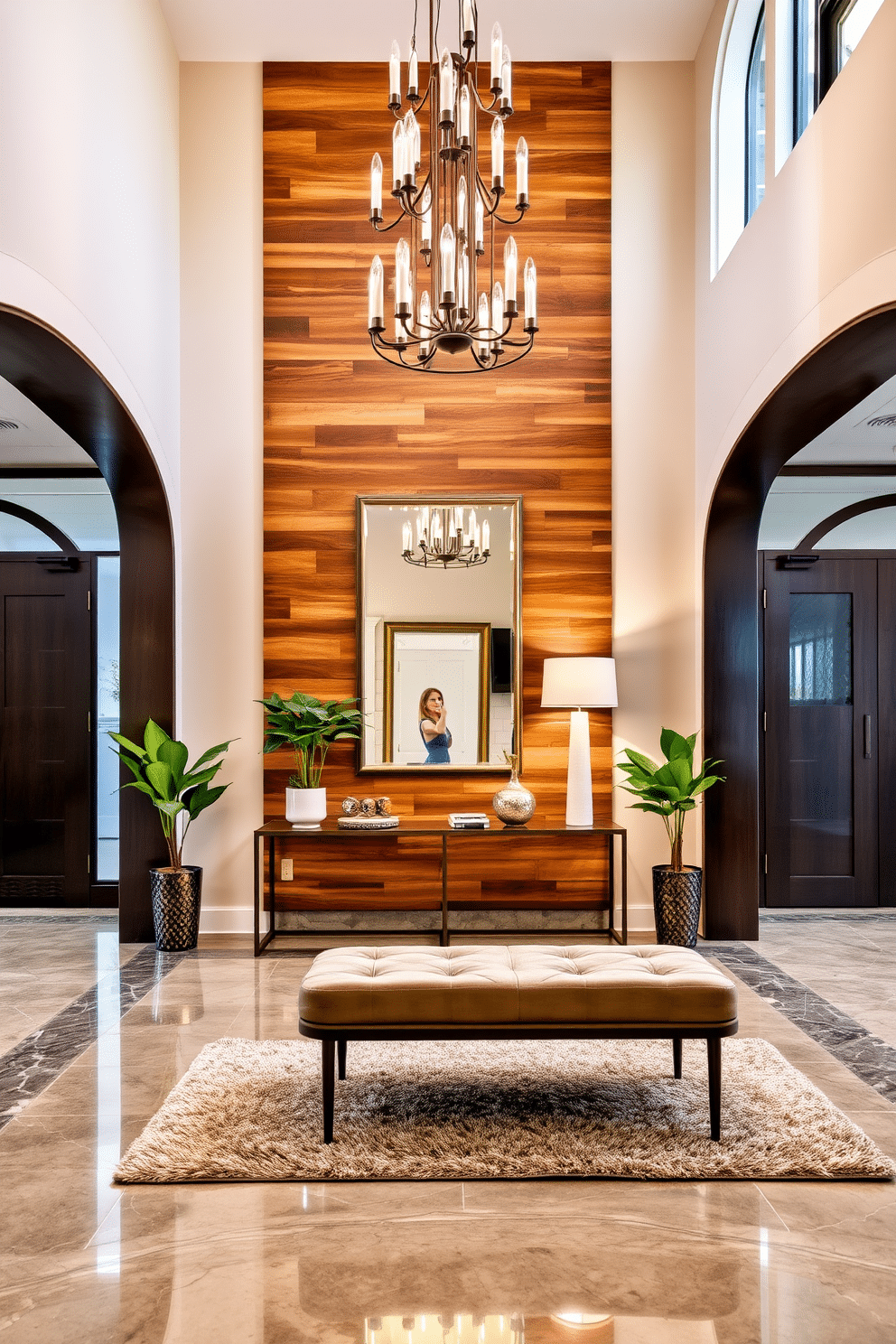 A grand entryway featuring a striking combination of materials such as polished marble flooring and a reclaimed wood accent wall. A modern chandelier hangs from a high ceiling, illuminating a console table made of glass and metal, adorned with decorative objects and a large mirror above it. The space is framed by elegant archways, with potted greenery strategically placed to bring life to the area. A plush area rug in neutral tones adds warmth, while a statement bench invites guests to sit and remove their shoes.