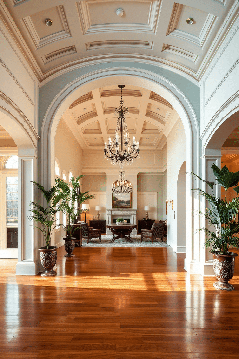 An elegant archway adorned with intricate moldings gracefully leads into a spacious living area. The archway features soft, ambient lighting that highlights its curves, creating a welcoming transition between the entryway and the living space. The large entryway boasts a stunning chandelier that hangs from a coffered ceiling, casting a warm glow over the polished hardwood floors. Flanking the entryway are tall potted plants that add a touch of greenery and sophistication to the overall design.