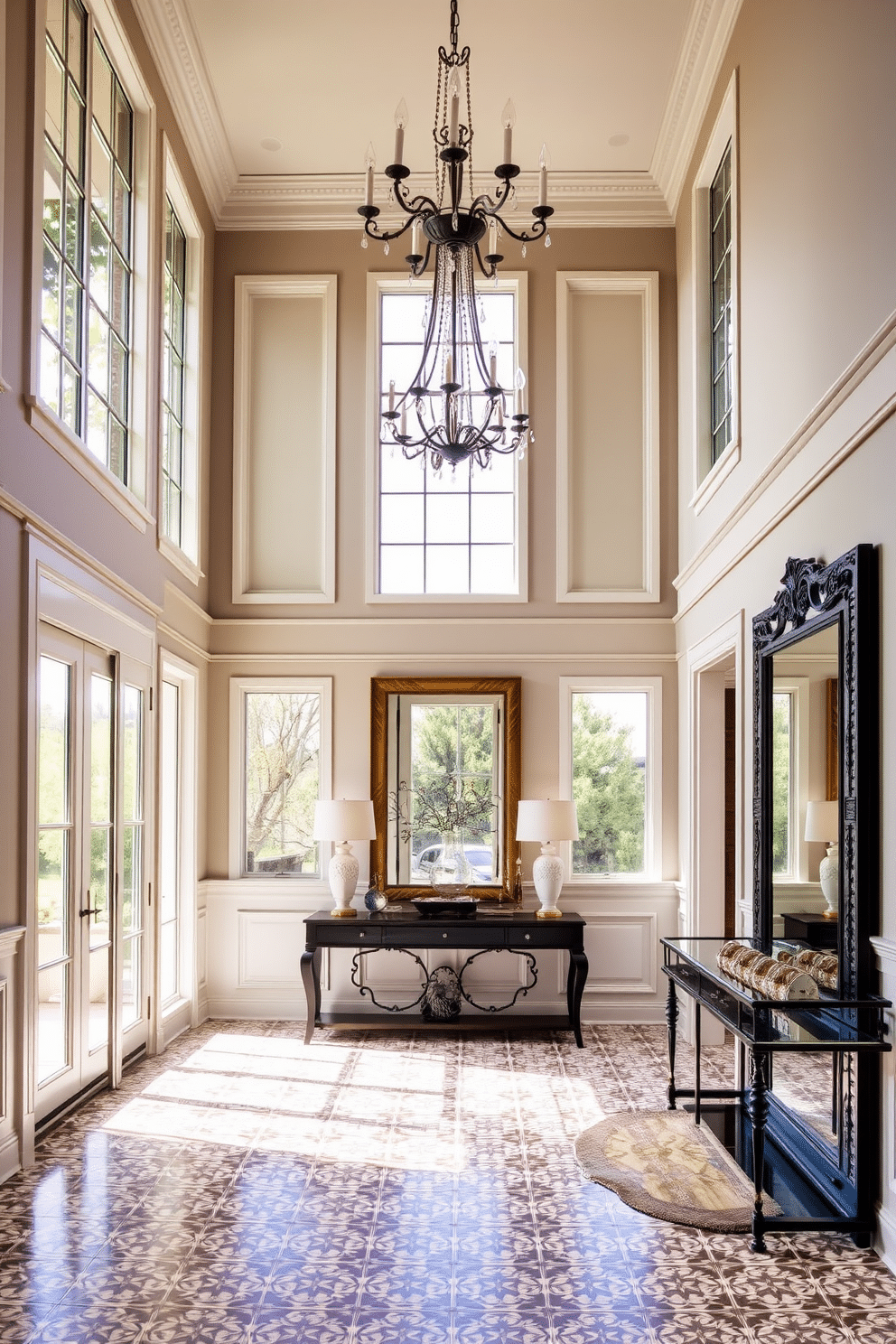 A grand entryway features large windows that flood the space with natural light, creating an inviting atmosphere. The walls are adorned with elegant wainscoting, and a statement chandelier hangs from the high ceiling, adding a touch of luxury. The floor is covered with a beautiful patterned tile that complements the overall design. A stylish console table is positioned against one wall, topped with decorative accessories and a large mirror that enhances the sense of space.