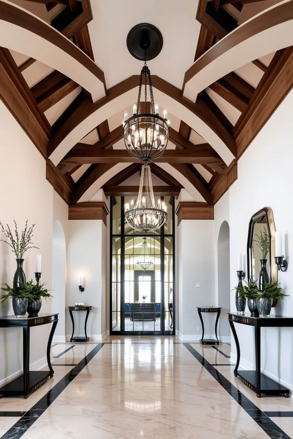 A grand entryway featuring decorative ceiling beams that add architectural character and warmth to the space. The floor is adorned with elegant marble tiles, and a stunning chandelier hangs from the center, illuminating the area with a soft glow. Flanking the entryway are two tall, stylish console tables topped with decorative vases and fresh greenery. A large, welcoming mirror is mounted on the wall, reflecting natural light and enhancing the sense of space.