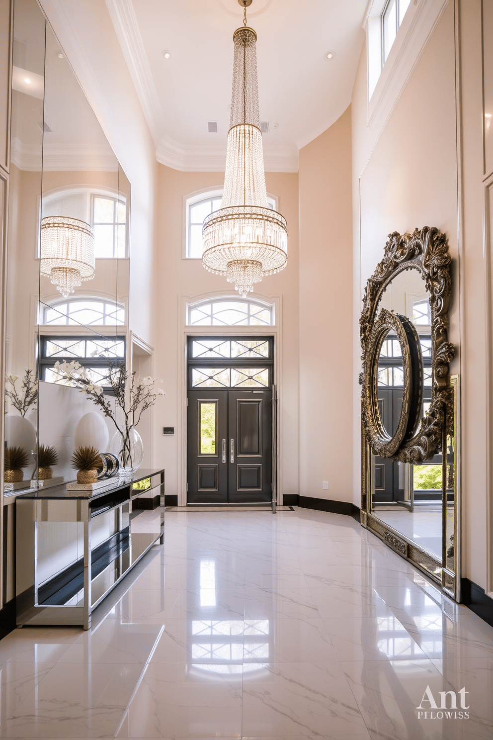 A grand entryway features mirrored accents that reflect natural light and create an airy atmosphere. The space is adorned with a stunning chandelier that hangs from a high ceiling, illuminating the polished marble floor. On one side, a sleek console table with a mirrored surface holds decorative items and fresh flowers. A large, ornate mirror is mounted on the wall, enhancing the sense of space and elegance in the entryway.