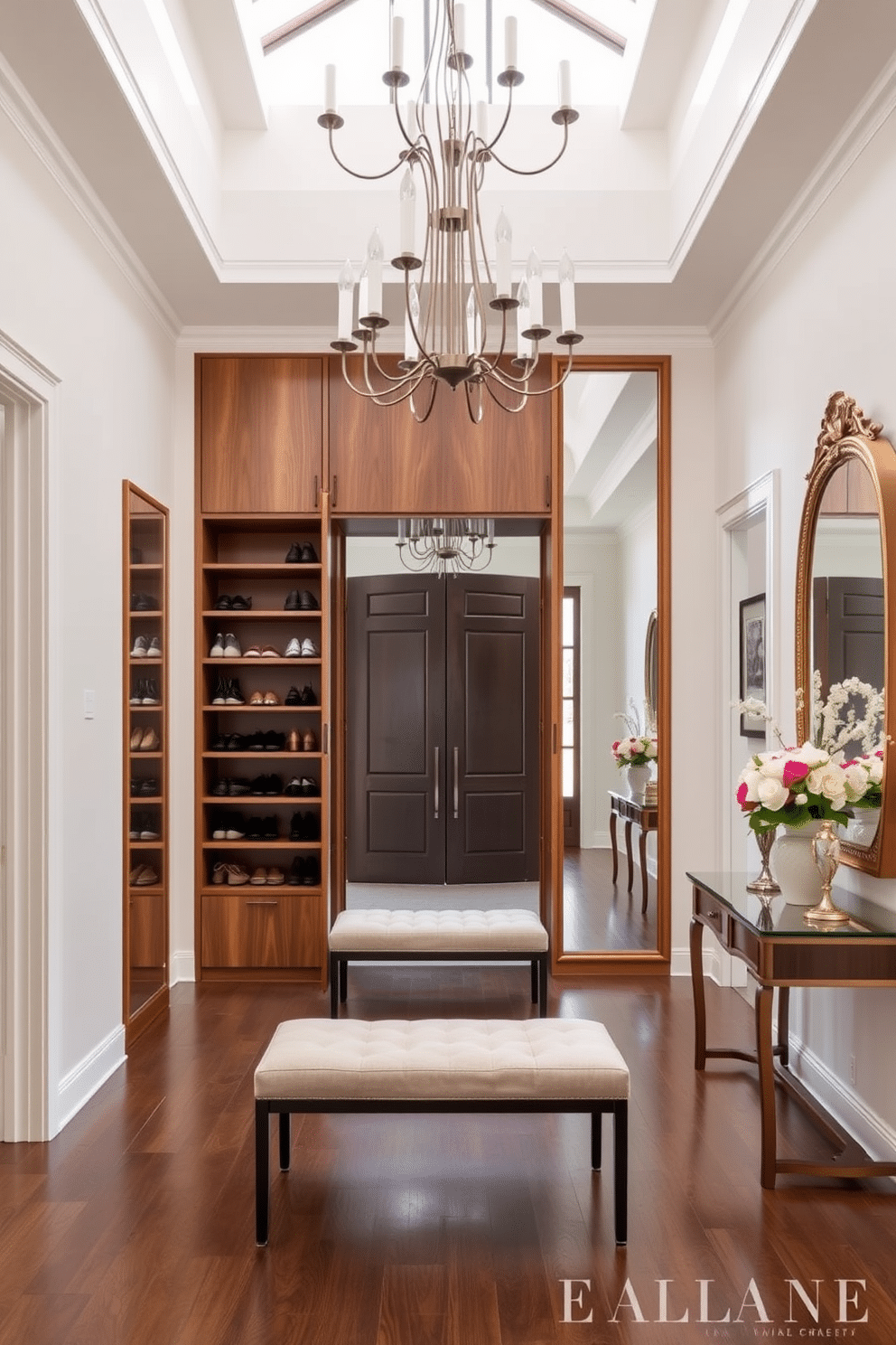 A stylish shoe storage solution features a sleek, built-in cabinet with a combination of open and closed shelving. The cabinet is crafted from rich wood, complemented by a cushioned bench for comfortable seating while putting on shoes. Large entryway design ideas include a grand foyer with a statement chandelier and an oversized mirror that reflects natural light. Flanking the entrance, elegant console tables display decorative accents and fresh flowers, creating a welcoming atmosphere.