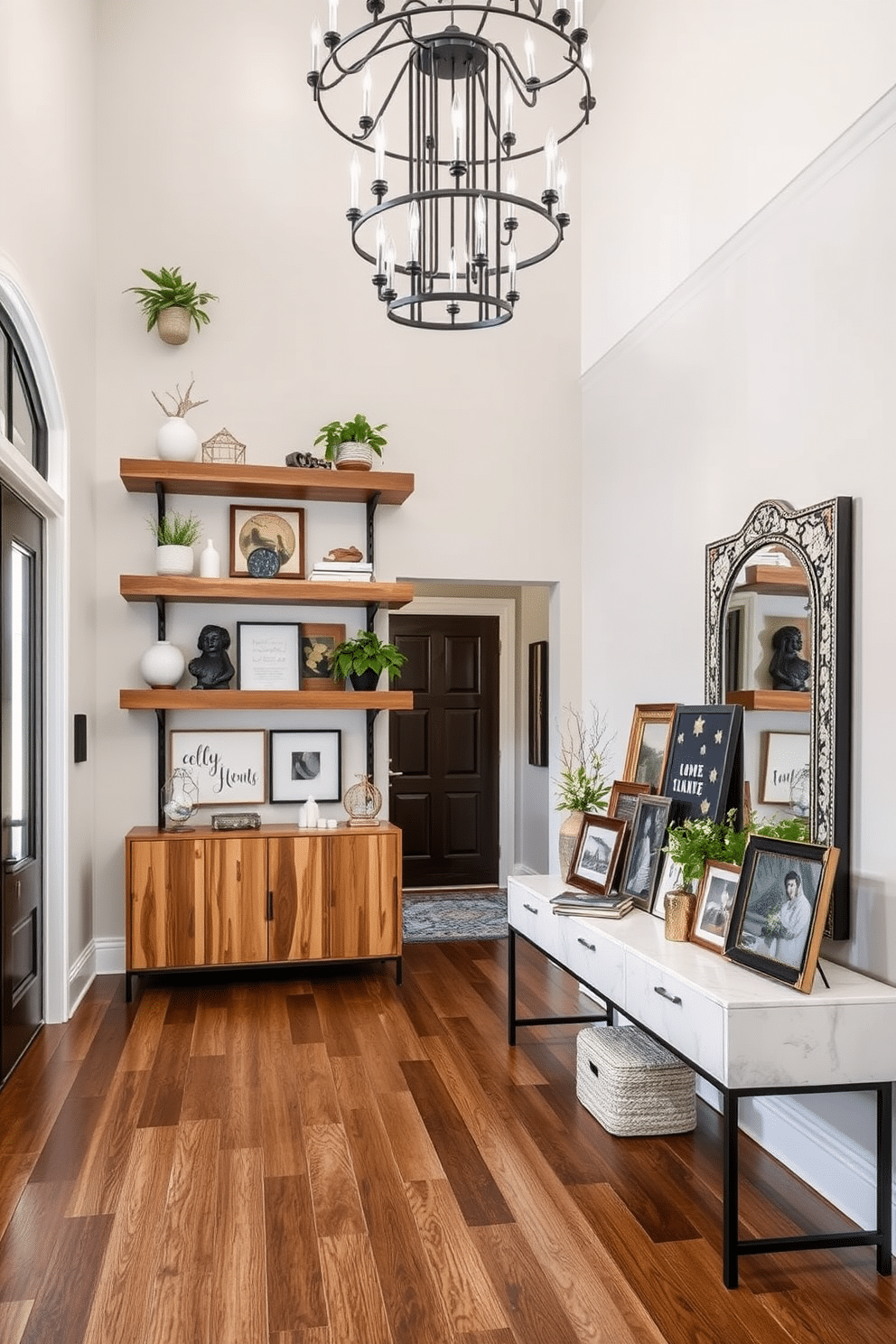 A spacious entryway featuring floating shelves adorned with curated decor items. The shelves are made of reclaimed wood, complemented by stylish decorative objects and potted plants, creating an inviting atmosphere. The entryway boasts a grand design with high ceilings and a statement chandelier. A large console table sits against the wall, topped with a decorative mirror and a collection of art pieces, enhancing the overall elegance of the space.