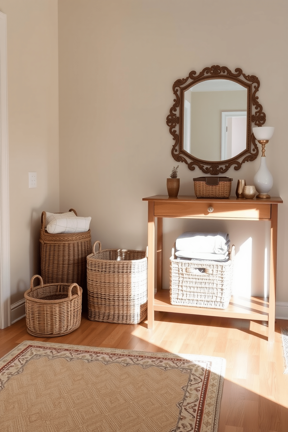 A spacious entryway featuring woven baskets strategically placed for organized clutter. The baskets, made of natural fibers, complement the warm wood tones of a console table that sits against the wall. The walls are painted in a soft beige, creating a welcoming atmosphere, while a large mirror with a decorative frame enhances the sense of space. A stylish rug lies beneath, adding texture and warmth to the entryway, inviting guests to step inside.