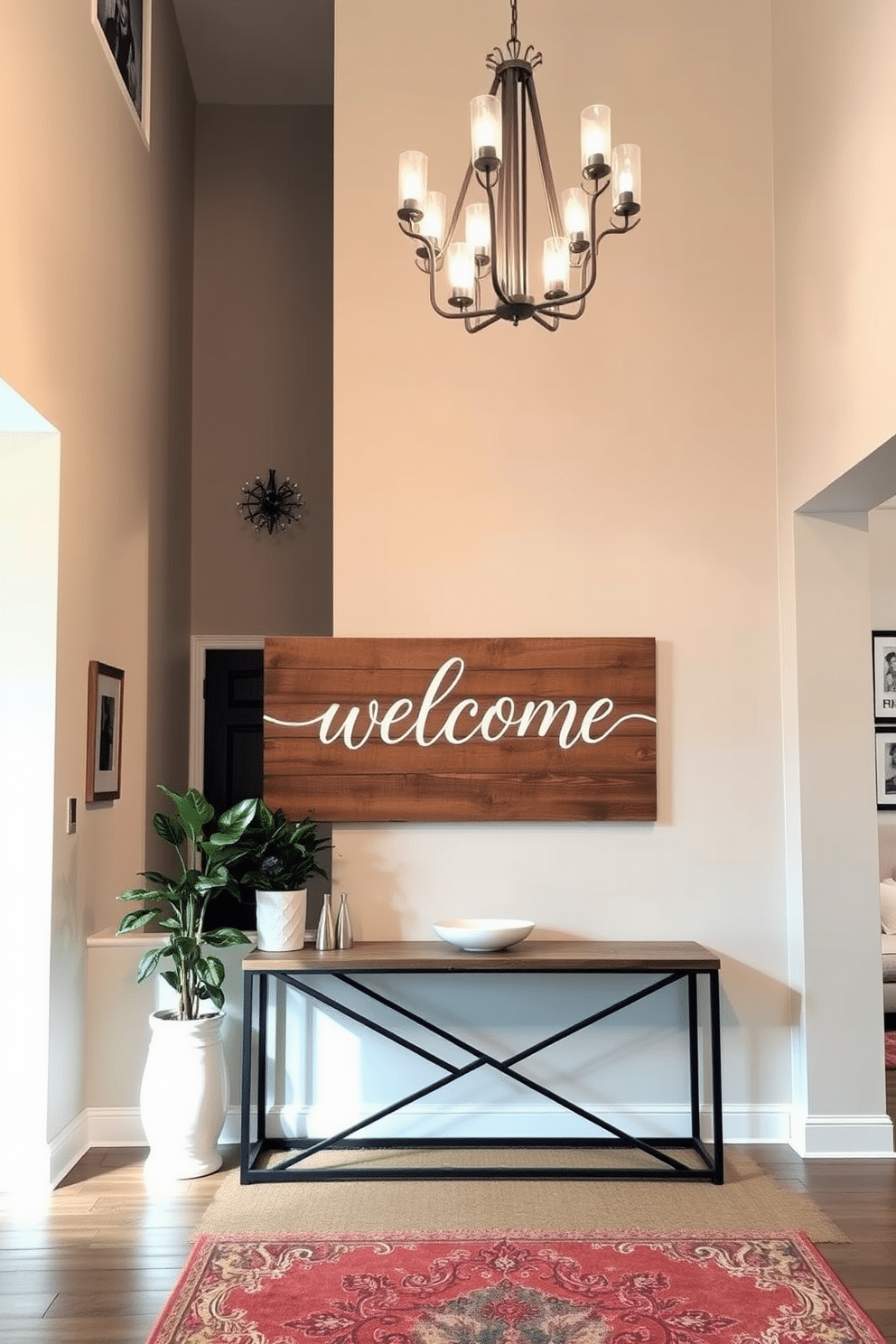 A personalized welcome sign hangs prominently in the entryway, crafted from reclaimed wood with elegant lettering that invites guests in. Surrounding the sign, a stylish console table displays decorative items, including a lush potted plant and a chic bowl for keys, enhancing the warm atmosphere. The spacious entryway features a stunning chandelier that casts a soft glow, complementing the high ceilings and open layout. A plush area rug in inviting colors anchors the space, while a gallery wall showcases framed family photos and art, adding a personal touch.