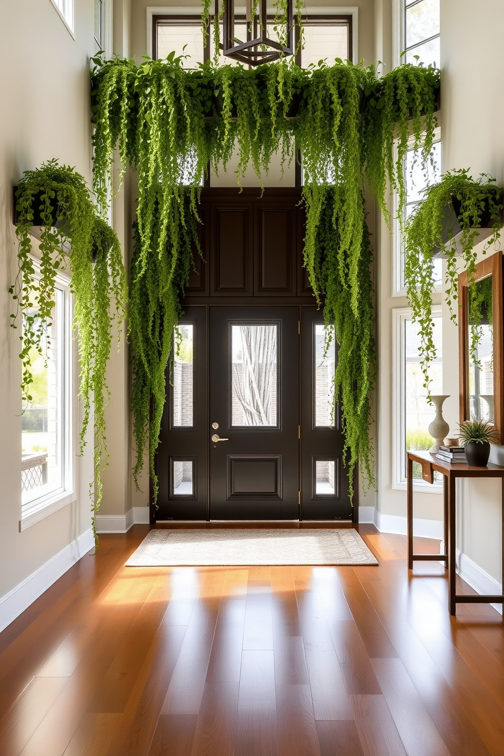 A stunning entryway adorned with cascading plants that drape elegantly from wall-mounted planters, creating a lush vertical garden effect. The space features a grand double door entrance, flanked by oversized windows that flood the area with natural light, illuminating the rich wooden flooring. Incorporate a sleek console table against the wall, topped with decorative items and a statement mirror that enhances the sense of space. The walls are painted in a soft, inviting hue, while a stylish area rug adds warmth and texture to the entryway.