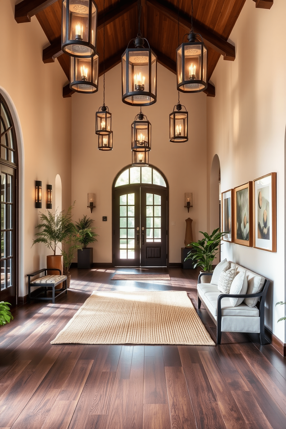 A grand entryway featuring rustic lanterns hanging from a high ceiling, casting a warm and inviting glow throughout the space. The floor is adorned with a rich wooden finish, complemented by a large woven rug that adds texture and warmth to the area. On one side, a stylish bench with plush cushions invites guests to sit, while on the opposite wall, a collection of framed artwork adds character. Potted plants in the corners enhance the natural ambiance, creating a welcoming atmosphere for all who enter.