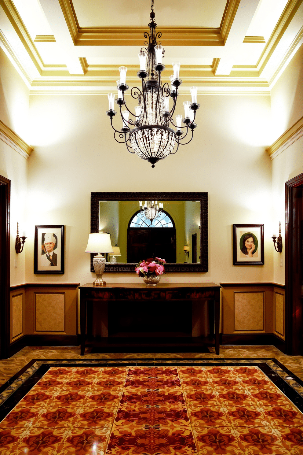 A grand entryway with layered lighting creates a warm and inviting ambiance. Wall sconces with soft, diffused light frame the entrance, while a stunning chandelier hangs from a coffered ceiling, casting a gentle glow over the space. The floor features a beautiful patterned tile that complements the rich wood tones of a statement console table. A large mirror above the table reflects the light, enhancing the sense of space and welcoming guests into the home.