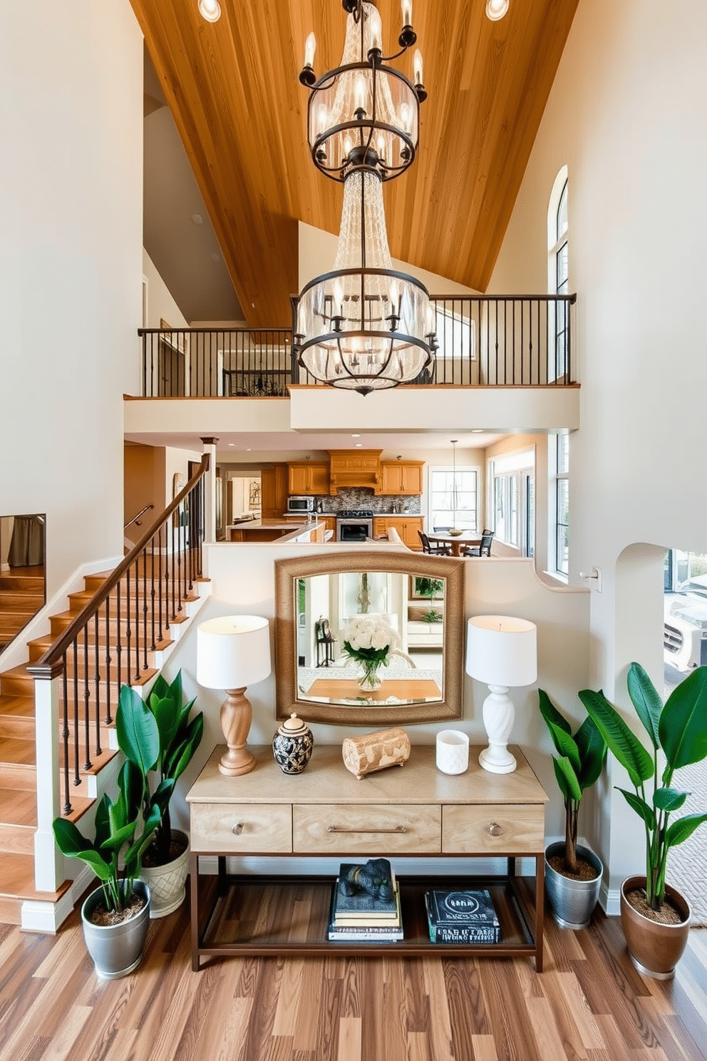 A spacious open concept living area that seamlessly connects the kitchen, dining, and living spaces. The design features a combination of warm wood tones and soft neutral colors, creating an inviting atmosphere. The large entryway showcases a grand staircase with a wrought iron railing, flanked by tall potted plants. A statement chandelier hangs from the ceiling, illuminating a console table adorned with decorative accessories and a large mirror above it.