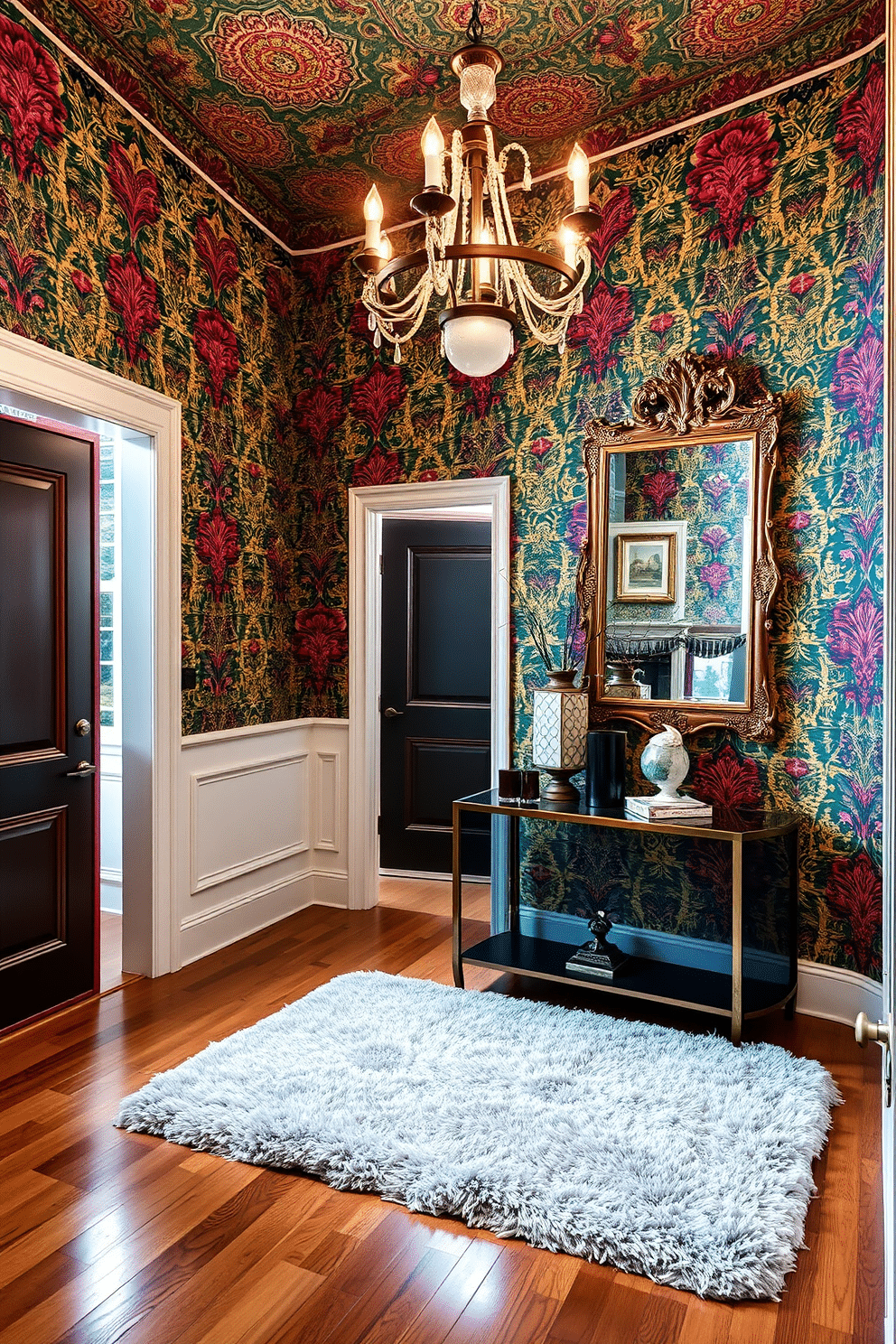 A dramatic entryway adorned with bold, patterned wallpaper that features vibrant colors and intricate designs. The space is illuminated by an elegant chandelier, casting a warm glow over a sleek console table topped with decorative accents. The floor is finished with polished hardwood, complemented by a plush area rug that adds texture and comfort. A large mirror with an ornate frame hangs on one wall, reflecting the striking wallpaper and enhancing the sense of space.