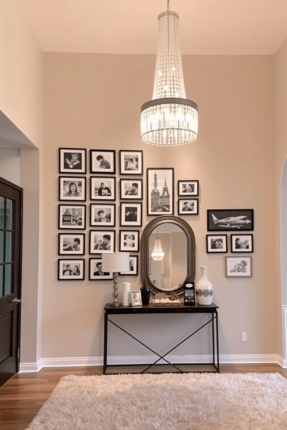 A gallery wall showcasing family photos, featuring a mix of framed black-and-white and color images in various sizes, arranged in an artistic layout. The wall is painted in a soft, neutral tone to enhance the visual impact of the photographs, complemented by subtle spotlights to highlight individual frames. Large entryway design ideas with a grand chandelier hanging from a high ceiling, casting a warm glow over the space. A stylish console table adorned with decorative items and a large mirror creates a welcoming atmosphere, while a plush area rug adds texture and comfort underfoot.