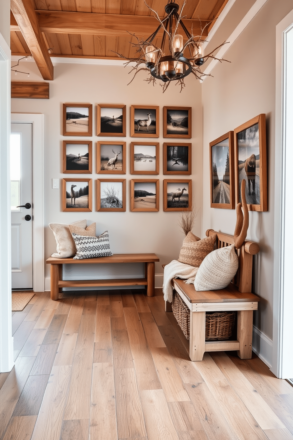 A spacious entryway featuring natural wood accents that exude rustic charm. The floor is made of reclaimed wood planks, and a large, inviting bench with a distressed finish sits against one wall. On the opposite wall, a collection of framed nature photographs in wooden frames adds warmth and character. A woven basket filled with cozy blankets is placed beneath the bench, while a statement chandelier made of branches hangs from the ceiling.