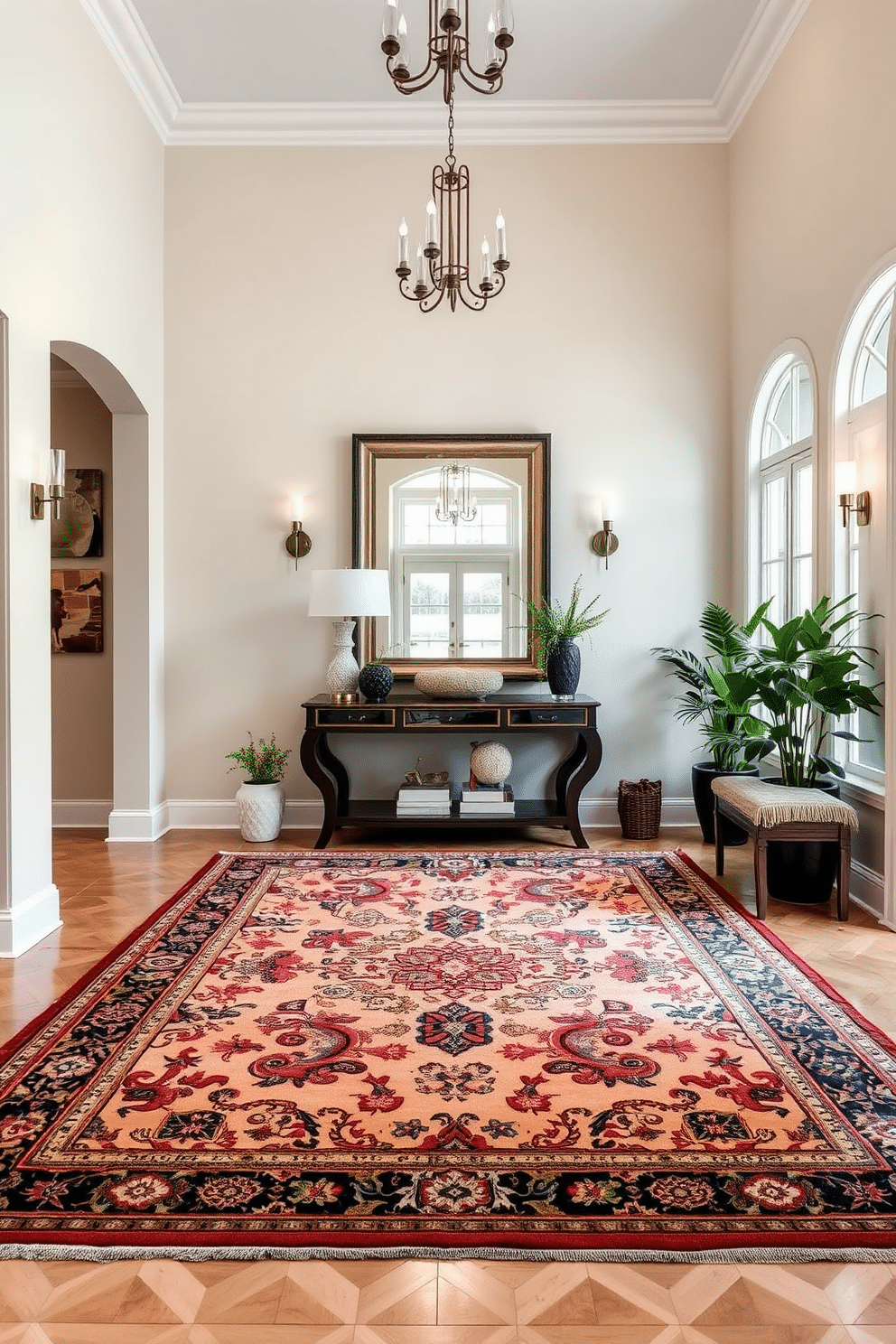 A large entryway features a statement rug that anchors the space, showcasing intricate patterns and rich colors that invite warmth. Surrounding the rug, a stylish console table with decorative accents and a large mirror above creates an open and welcoming atmosphere. The walls are adorned with elegant artwork, and potted plants add a touch of greenery, enhancing the entryway's charm. Soft lighting fixtures illuminate the area, highlighting the beautiful details and making it a stunning first impression for guests.