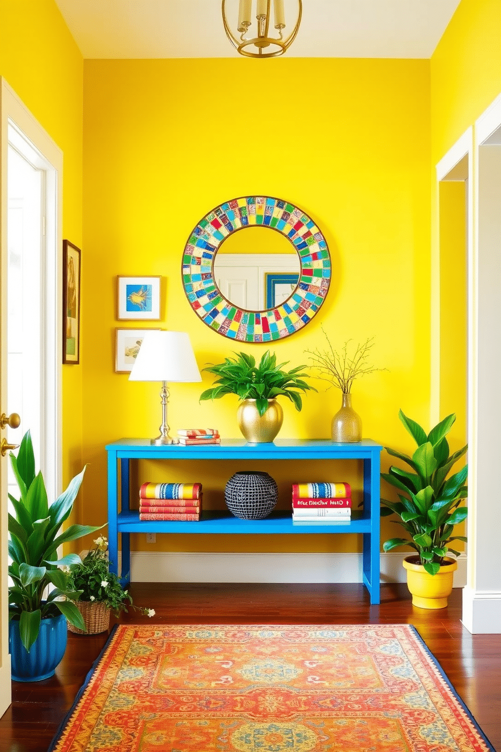 A large entryway filled with bright colors creates an inviting atmosphere. The walls are painted in a vibrant yellow, complemented by a bold blue console table adorned with colorful artwork above. A large round mirror with a colorful mosaic frame hangs prominently on the wall. Potted plants in cheerful green hues flank the entrance, while a patterned rug adds an extra pop of color underfoot.