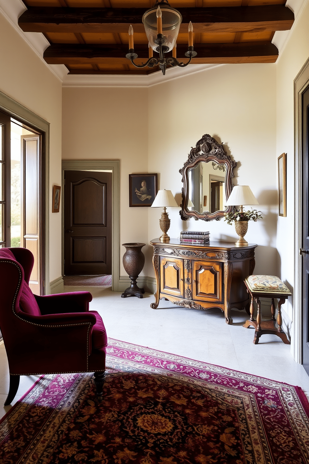 A spacious entryway adorned with vintage furniture that exudes timeless charm. A grand wooden console table with intricate carvings sits against the wall, complemented by an ornate mirror above it. To the left, a plush velvet armchair in deep burgundy adds a pop of color and comfort. The floor is covered with a classic Persian rug, enhancing the inviting atmosphere of the space.