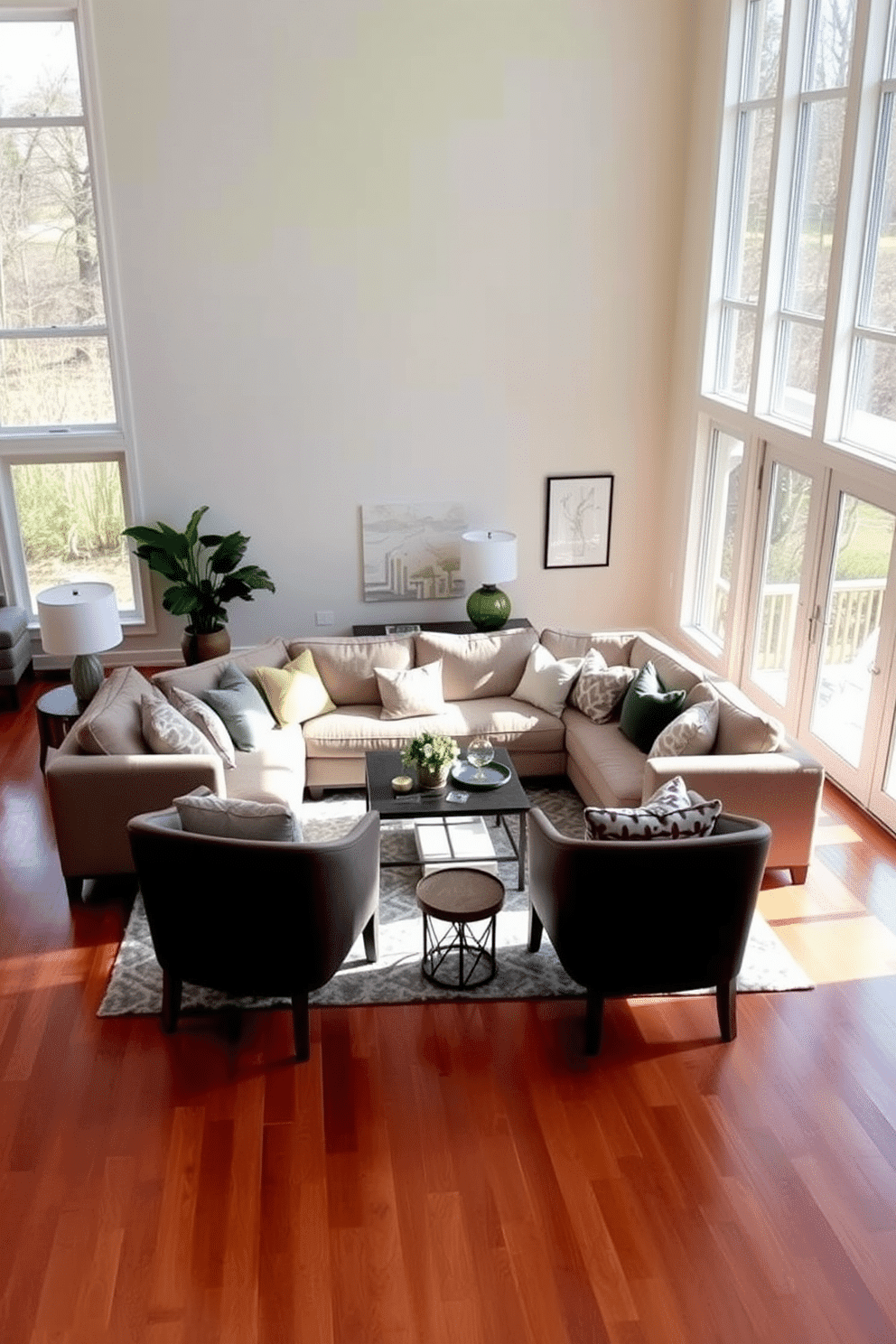 A cozy sectional sofa is positioned in the center of a spacious family room, adorned with an array of layered throw pillows in various textures and colors. Large windows allow natural light to flood the space, highlighting the warm wooden flooring and inviting atmosphere. The walls are painted in a soft, neutral tone, complemented by a stylish area rug that anchors the seating area. A contemporary coffee table sits in front of the sectional, surrounded by accent chairs that create a welcoming environment for family gatherings.