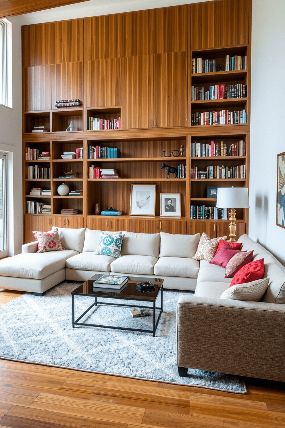 A spacious family room featuring built-in shelving that elegantly showcases an array of books and decorative items. The shelves are crafted from rich oak wood, seamlessly integrated into the wall, providing both functionality and aesthetic appeal. The room is anchored by a large sectional sofa in a soft, neutral fabric, complemented by colorful throw pillows. A stylish coffee table sits in the center, surrounded by a cozy area rug that adds warmth to the space.